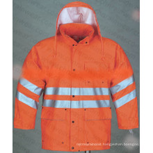 Orange Color Durable Waterproof PU Rain Jacket with Reflective Strip